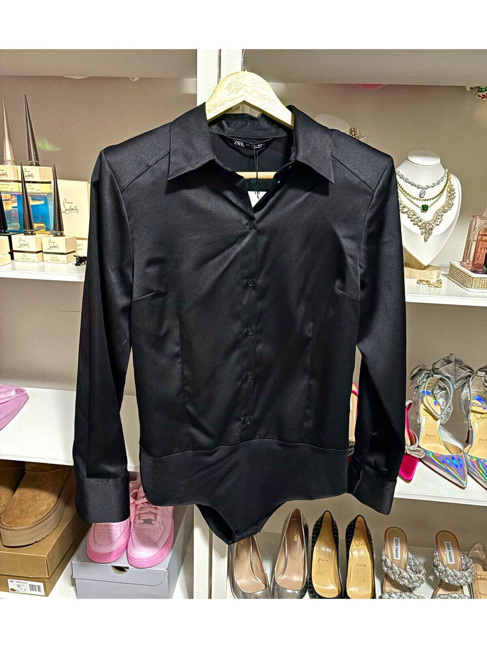 ZARA Women’s Black Solid Long Sleeve Collared Button-Up Bodysuit Dress Shirt L
